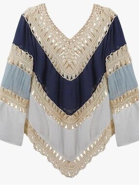 Umgee Navy, Light Blue & Cream Crochet-Trim Boho Tunic